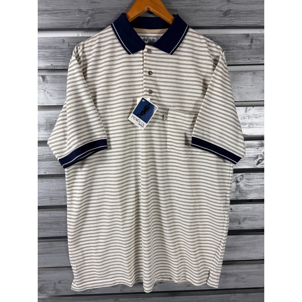 Vintage Penguin Sport Mens Striped Polo Shirt Short Sleeve Pocket Cream L NWT